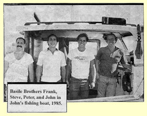 Basile Brothers on John's fishing boat, 1985
